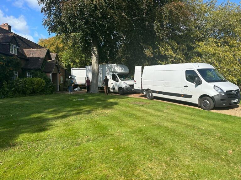 Removal vans parked on a driveway beside a lawn