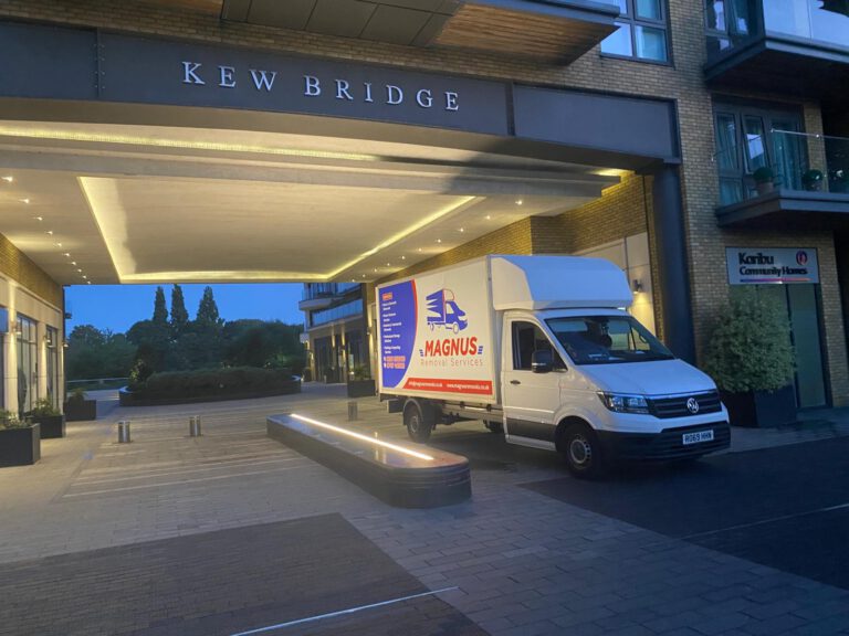 Magnus Removals van at the Kew Bridge apartment entrance in West London